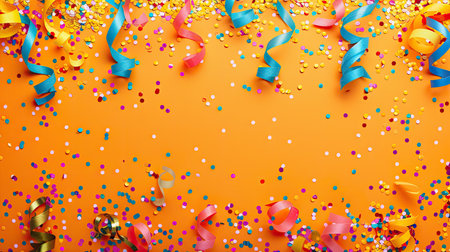 A fun orange background with colorful confetti and streamers scattered across, creating a lively and festive atmosphere.の素材