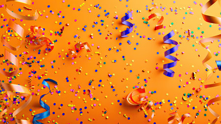 A fun orange background with colorful confetti and streamers scattered across, creating a lively and festive atmosphere.の素材