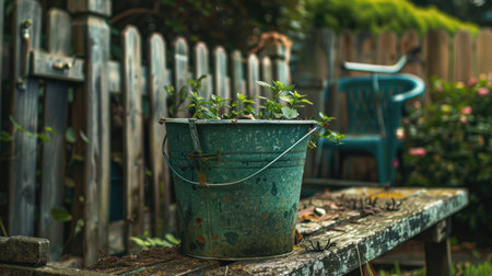 A grass green bucket packed with small garden tools sits on a garden bench, ready for a day of planting and weeding.の素材