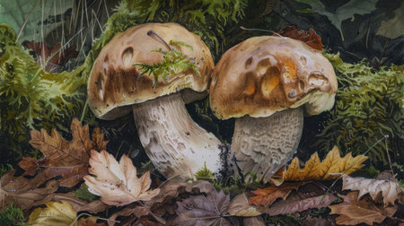 A pair of porcini mushrooms emerging from the forest floor, surrounded by green moss and leaves.の素材