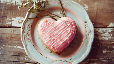 A pink love heart-shaped cookie with decorative icing is placed on a pastel-colored plate on a wooden table.の素材