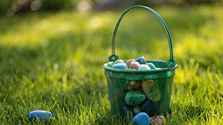 A grass green bucket packed with small, hand-painted stones is set on a grassy lawn, ready for a fun backyard game.の素材