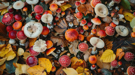 A picturesque image of a forest floor covered in mushrooms of different shapes and colors.の素材