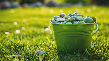 A grass green bucket packed with small, hand-painted stones is set on a grassy lawn, ready for a fun backyard game.の素材