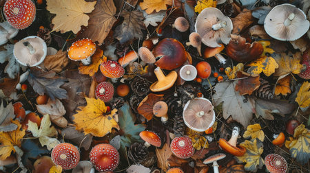 A picturesque image of a forest floor covered in mushrooms of different shapes and colors.の素材
