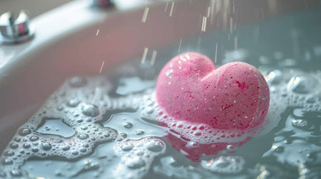 A pink love heart-shaped bath bomb fizzing in a white bathtub filled with water, with bubbles around it.の素材