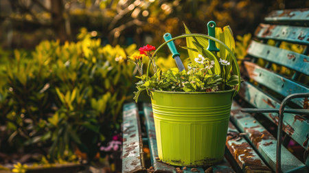 A grass green bucket packed with small garden tools sits on a garden bench, ready for a day of planting and weeding.の素材