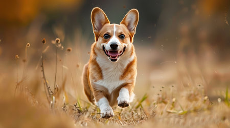 A playful Corgi running through a meadow, capturing its short legs and cheerful expression.の素材