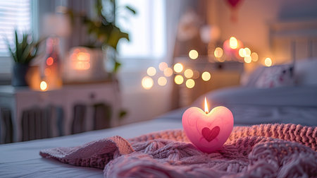 A pink love heart-shaped candle burning softly on a bedside table, creating a romantic ambiance.の素材
