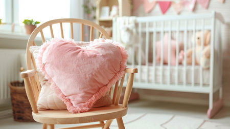A pink love heart-shaped pillow placed on a rocking chair, with a cozy nursery in the background.の素材