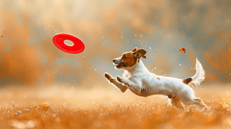 A playful Jack Russell Terrier jumping to catch a frisbee, capturing its energy and agility.の素材