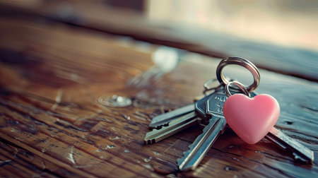 A pink love heart-shaped keychain hanging from a set of keys on a wooden table.の素材