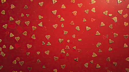 A red background with a pattern of tiny, golden hearts, ideal for a romantic and whimsical design.の素材