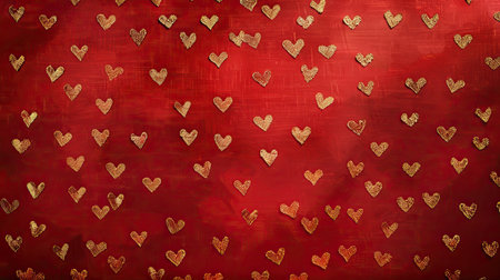 A red background with a pattern of tiny, golden hearts, ideal for a romantic and whimsical design.の素材