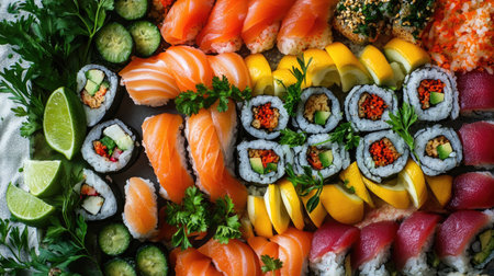 Top view of a colorful sushi platter with a variety of fish and vegetable rolls, garnished with fresh herbs and lime slices.の素材