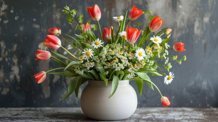 A charming bouquet of fresh tulips and daisies, presented in a modern, minimalist vase.の素材