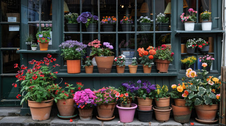 A quaint shopfront adorned with flower pots of various shapes and sizes, filled with seasonal flowers.の素材