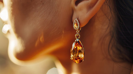 Close-up of a womanaes ear with beautiful topaz drop earrings, capturing their vibrant color and elegant design against a softly lit backdropの素材