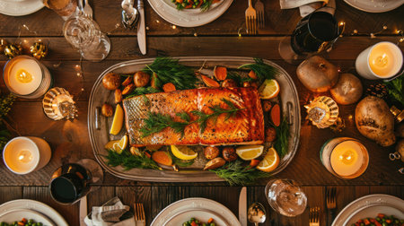 Top view of a rustic wooden table set with a whole baked salmon, surrounded by lemon wedges, dill sprigs, and roasted root vegetables. Great for festive and family gatherings.の素材