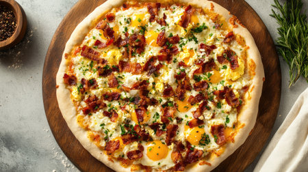 Top view of a breakfast pizza with crispy bacon, scrambled eggs, and mozzarella cheese, on a light and fluffy crust.の素材