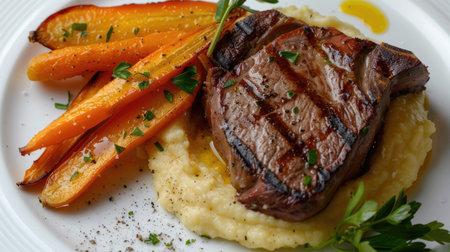 Top view of a lamb steak cooked to perfection, served with a creamy polenta and roasted carrots, garnished with parsley.の素材