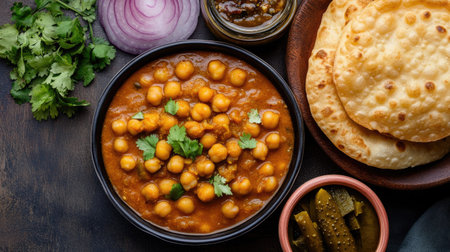 A top view of a flavorful serving of chole bhature with chickpea curry, puffy bread, and a side of picklesの素材