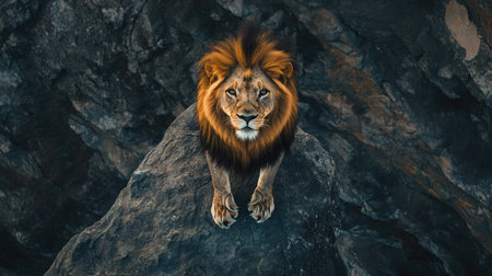 A top view of a lion standing on a rock, surveying its territory with a majestic stanceの素材