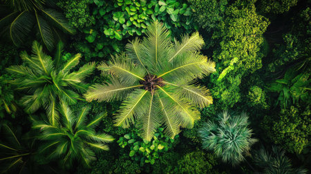 A top view of a coconut tree in a vibrant tropical forest, surrounded by diverse plant lifeの素材