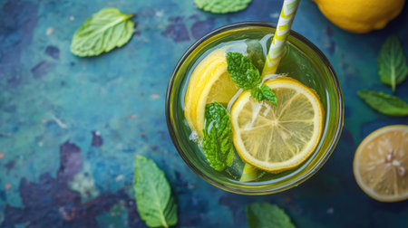A top view of a refreshing cold green tea with a straw, lemon slices, and mint leavesの素材