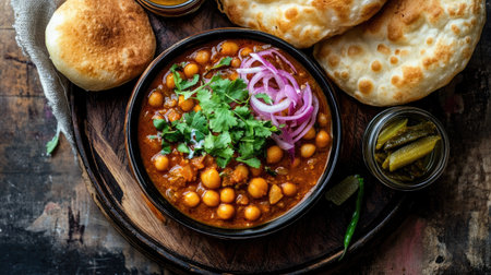 A top view of a flavorful serving of chole bhature with chickpea curry, puffy bread, and a side of picklesの素材