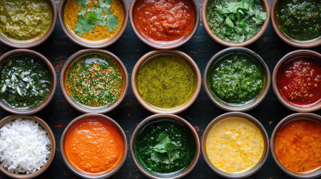 A top view of a colorful array of Indian chutneys, including mint, tamarind, and coconut, served in small bowlsの素材