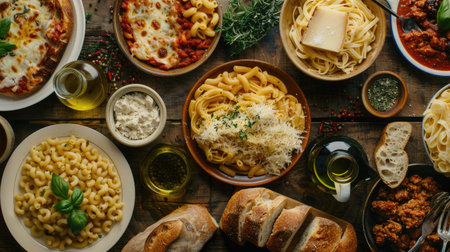 Top view of a rustic pasta menu, including classic dishes like spaghetti Bolognese, mac and cheese, and Alfredo pasta, presented with fresh bread, olive oil, and herbs on a wooden table.の素材