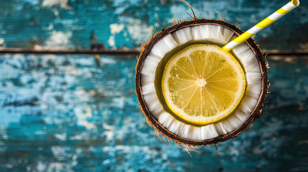 A top view of a fresh coconut water drink with a slice of lemon and a paper straw on a rustic surfaceの素材