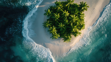 A top view shot of a coconut tree island, with the tree's leaves creating a green umbrella over the sandy shoreの素材
