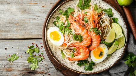 Top view of a plate of Pad Thai with rice noodles, eggs, and prawns, garnished with fresh herbs and lime wedges.の素材
