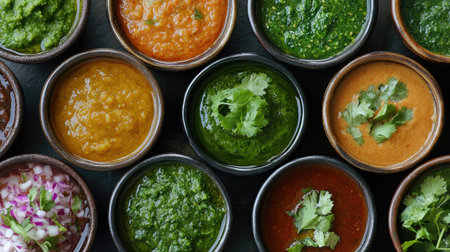 A top view of a colorful array of Indian chutneys, including mint, tamarind, and coconut, served in small bowlsの素材