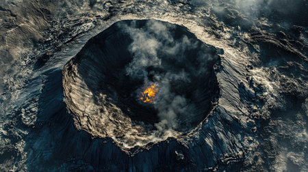 A top view of a volcanic landscape with ash-covered ground and a small crater vent emitting steamの素材