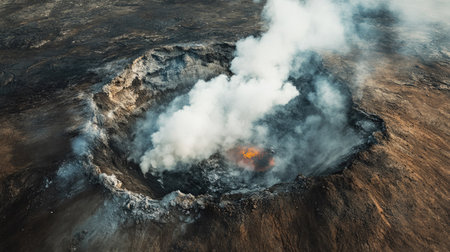 Aerial top view of a volcanic vent emitting thick, white steam surrounded by barren, rocky terrainの素材