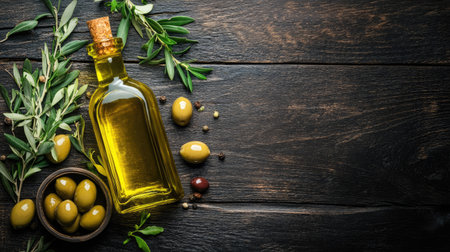 Top view of a bottle of extra virgin olive oil with a small dish for dipping, surrounded by olives and fresh herbs on a wooden tableの素材