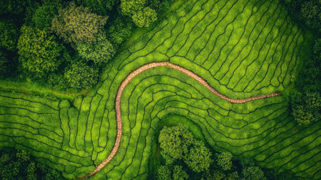 Top view of a green tea plantation with vibrant green tea bushes and paths for visitors to exploreの素材