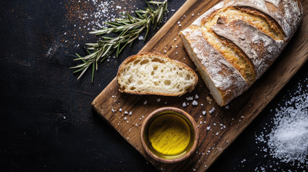 A top view shot of a rustic wooden board with a loaf of bread, a bowl of olive oil, and a sprinkle of sea saltの素材