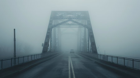 A fog-covered bridge with cars barely visible through the thick mist.の素材