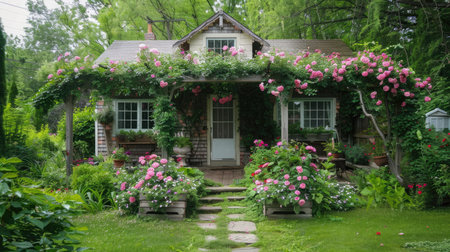 A garden house with a charming arbor entrance, covered in climbing roses and surrounded by greenery.の素材