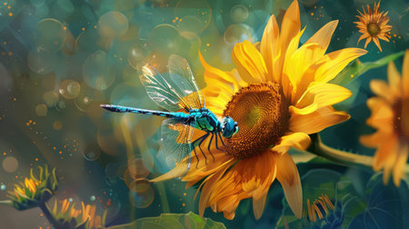 A dragonfly hovering near a vibrant yellow sunflower.の素材
