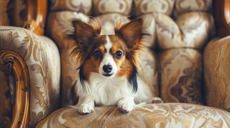 A charming Papillon with its butterfly-like ears, sitting on a vintage chair.の素材