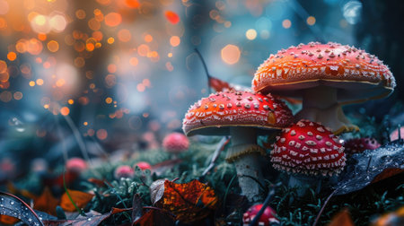 A close-up of vibrant red and white Amanita muscaria mushrooms growing in a lush forest.の素材
