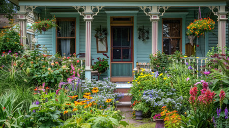 A garden house with a charming front porch, surrounded by a vibrant and colorful garden.の素材