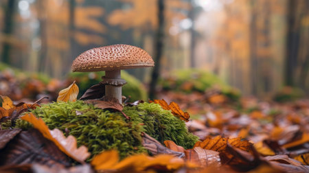 A beautiful shot of a mushroom emerging from the forest floor, surrounded by fallen leaves and moss.の素材