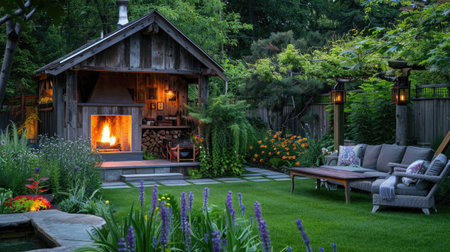 A garden house with a cozy outdoor fireplace in the garden, perfect for cool evenings.の素材