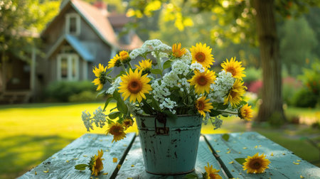 A grass green bucket filled with daisies and sunflowers stands on a garden table, with a charming cottage in the background.の素材